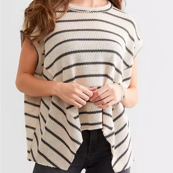 BKE Sweaters - BKE Open Knit Striped Pullover Shrug Asymmetric Raw Edged Hem Poncho